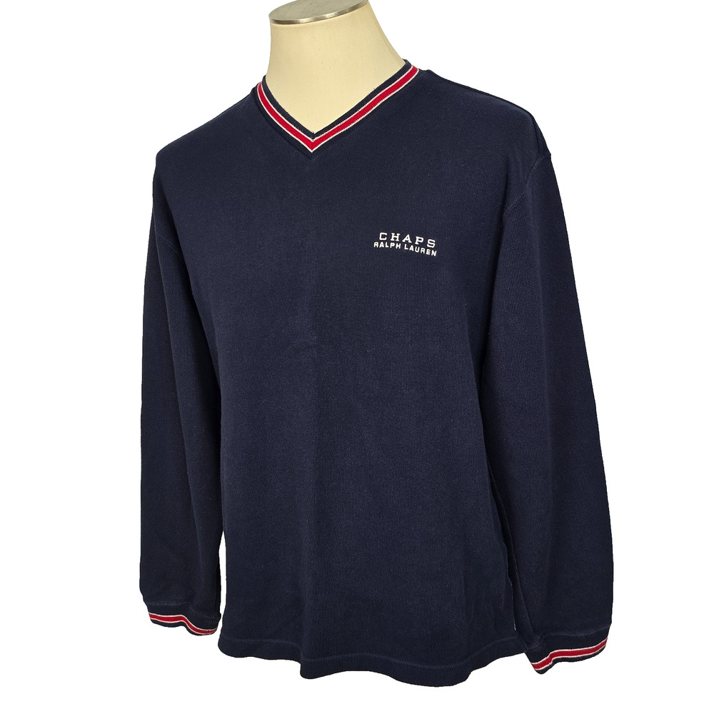 90s Chaps Ralph Lauren Navy Blue Knit V-Neck Sweater Preppy Vintage Men's Size M